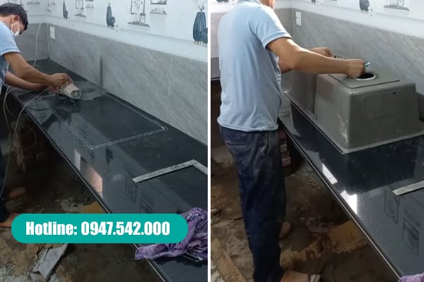 Khoét chậu rửa âm trên mặt đá bàn bếp