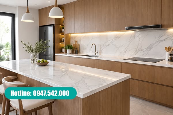 Mặt bàn bếp Marble trắng kết hợp tủ bếp màu gỗ