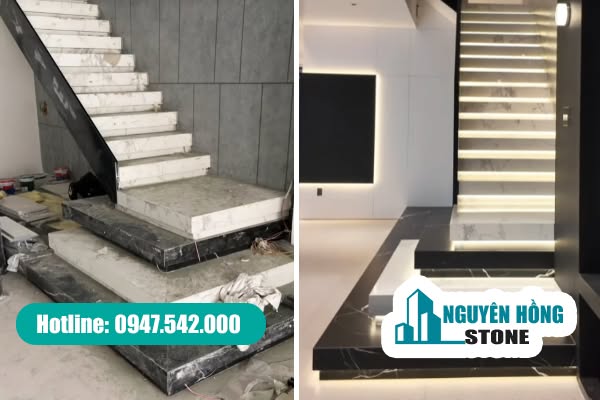 Mẫu đá ốp cầu thang màu trắng đẹp và hiện đại