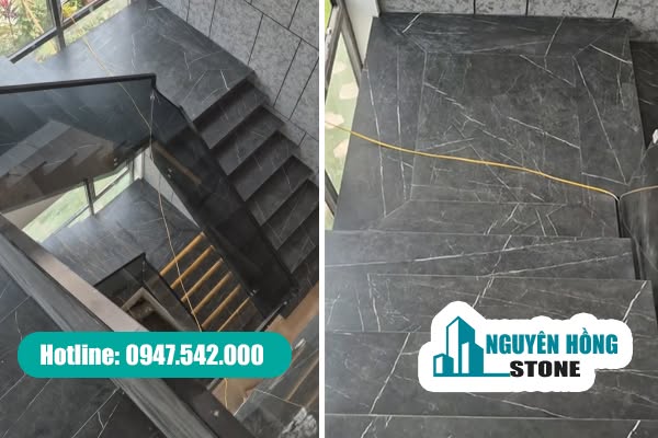 Mẫu đá ốp cầu thang màu xám tinh tế, hiện đại